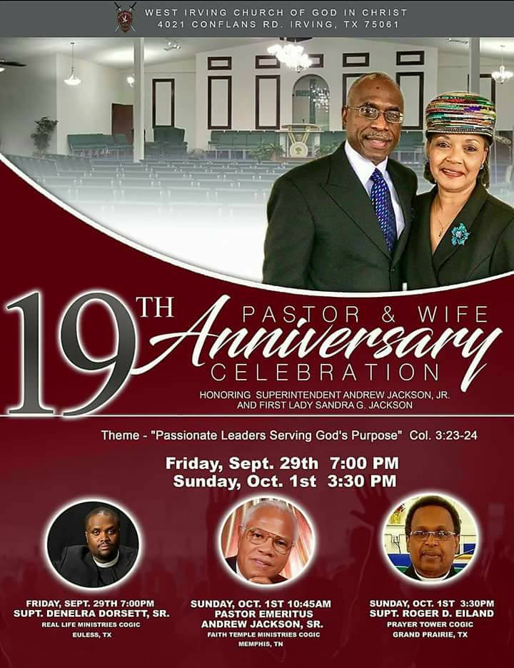 West Irving COGIC prepares to celebrate its 19th Pastor and Wife ...